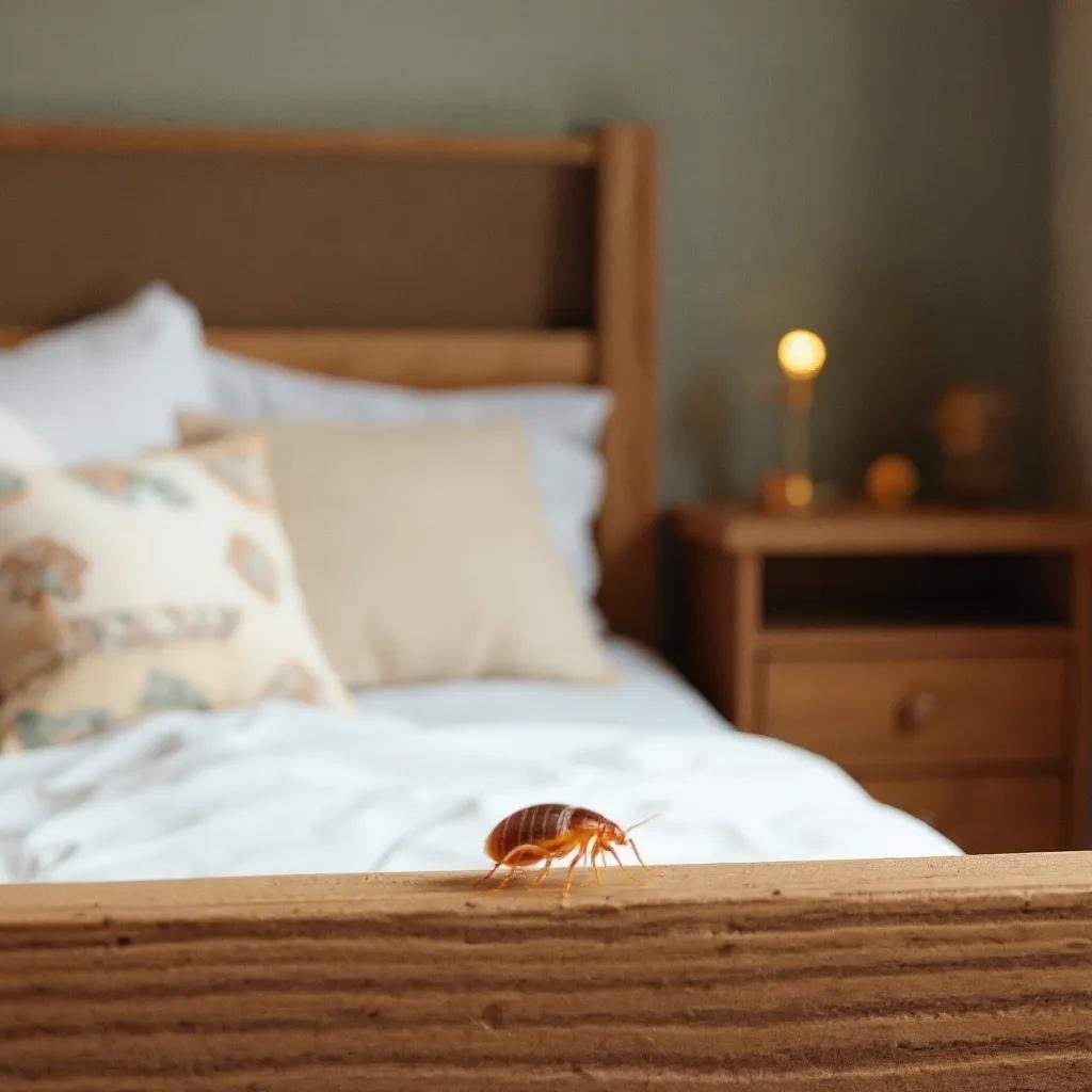 Illustrative image of a bed bug on a wood surface near a bed frame, used for educational purposes