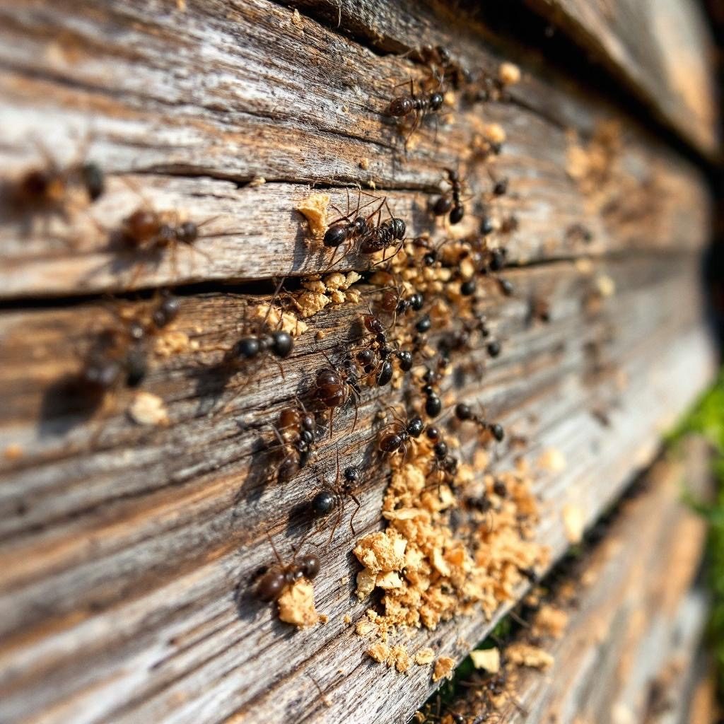 Close-up of ants foraging on a piece of exterior wood