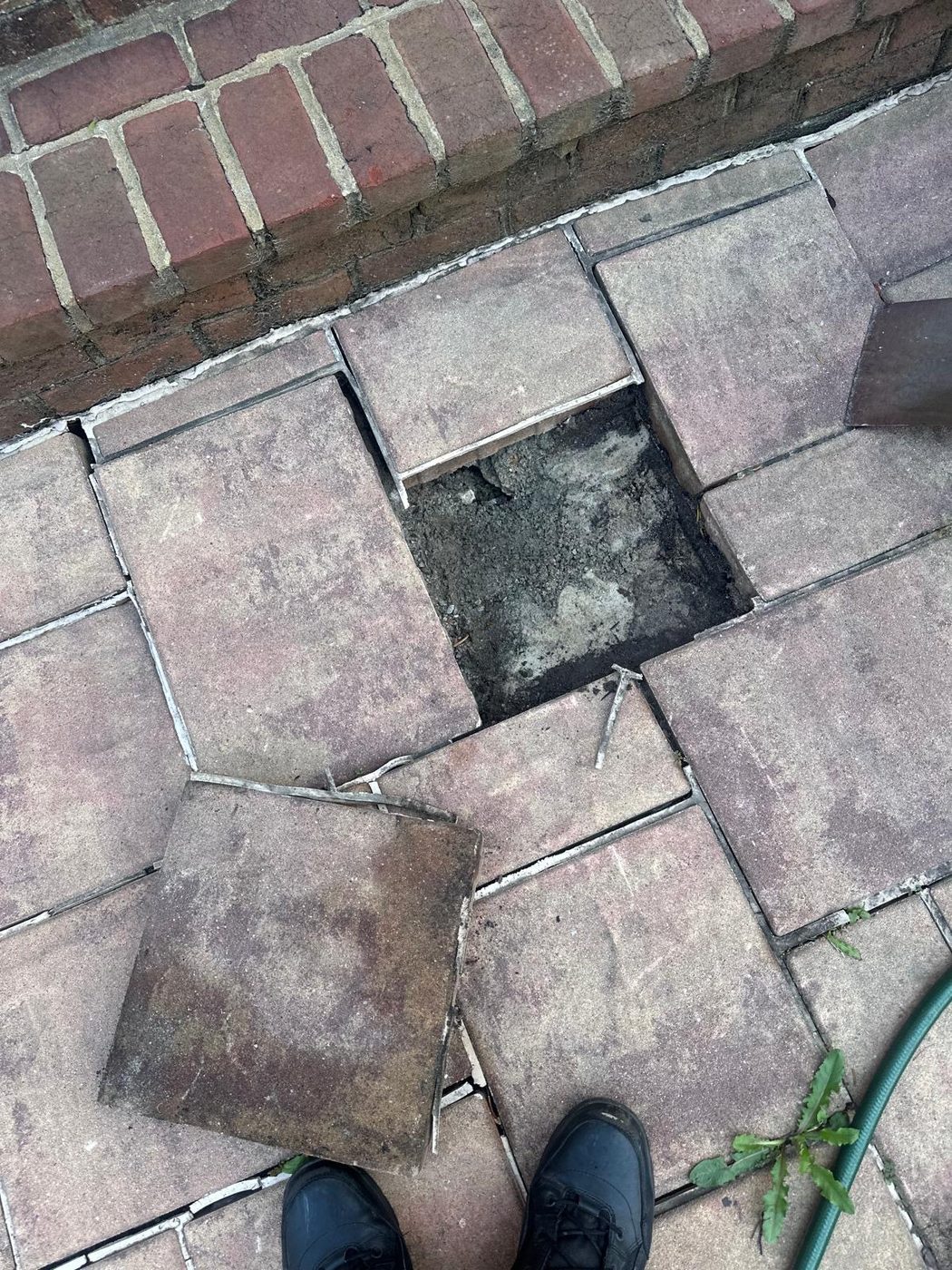 A patio paver lifted away, revealing bare soil underneath near a brick foundation wall